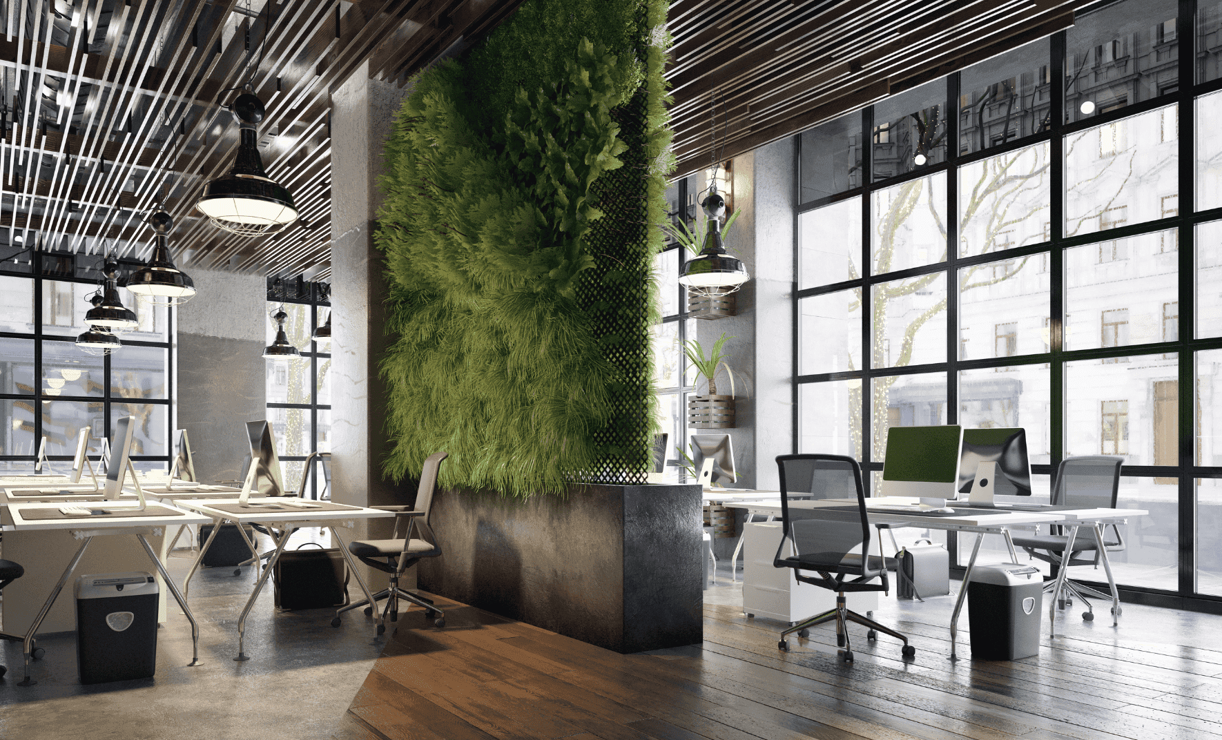 Modern office with large windows and green wall.