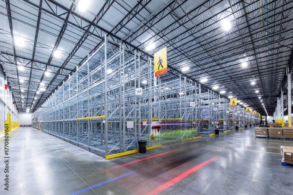 Modern warehouse with empty storage racks.